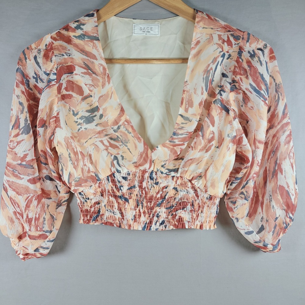 Anthropologie x Sage the Label Smocked V Neck Puff Sleeves Top Cropped Size XS